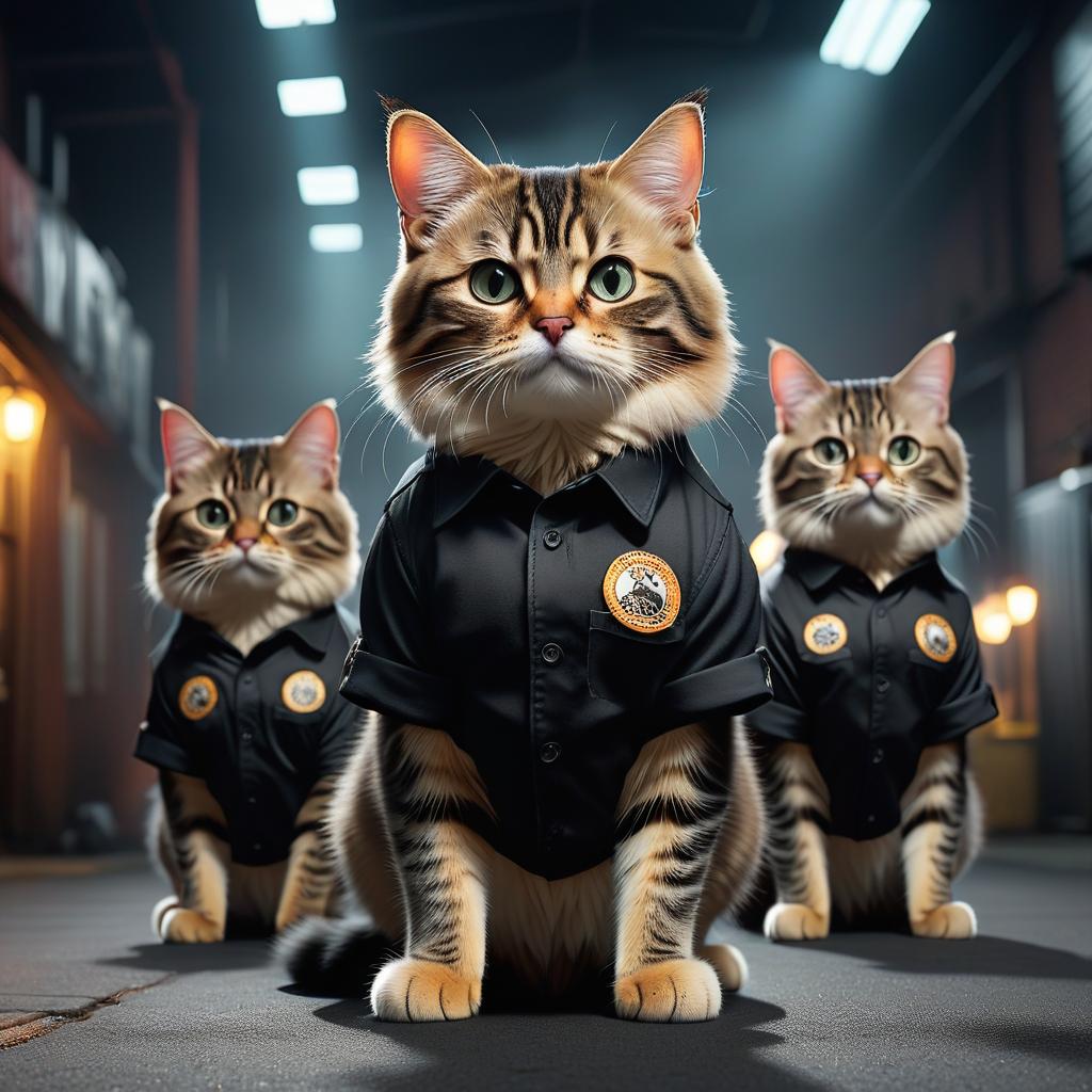  cats in black shirts, sticker hyperrealistic, full body, detailed clothing, highly detailed, cinematic lighting, stunningly beautiful, intricate, sharp focus, f/1. 8, 85mm, (centered image composition), (professionally color graded), ((bright soft diffused light)), volumetric fog, trending on instagram, trending on tumblr, HDR 4K, 8K