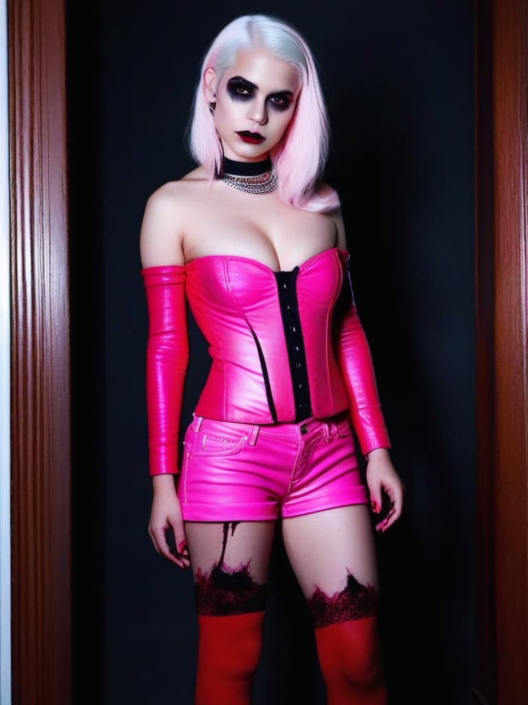  ,6 age girls,full body shot portrait horrifying scary evil undead pale shiny skin medium white hair ,full white eyes, standing,black lips, black dripping eyeshadow scars body tattoos ,in pink cotton with red trim and bulge in crotch pink 