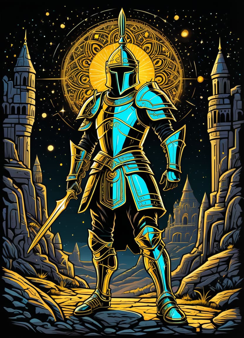  a humorous illustration. bright colors, cartoon style. on the black background, shiny contours outlines of silhouette of a scythian man in armor, in full length, against the backdrop of an earthen and stone fortress, frame with intricate thin ornamentation from comet, stars and cosmic dust: (thin: 1,4) lines ,