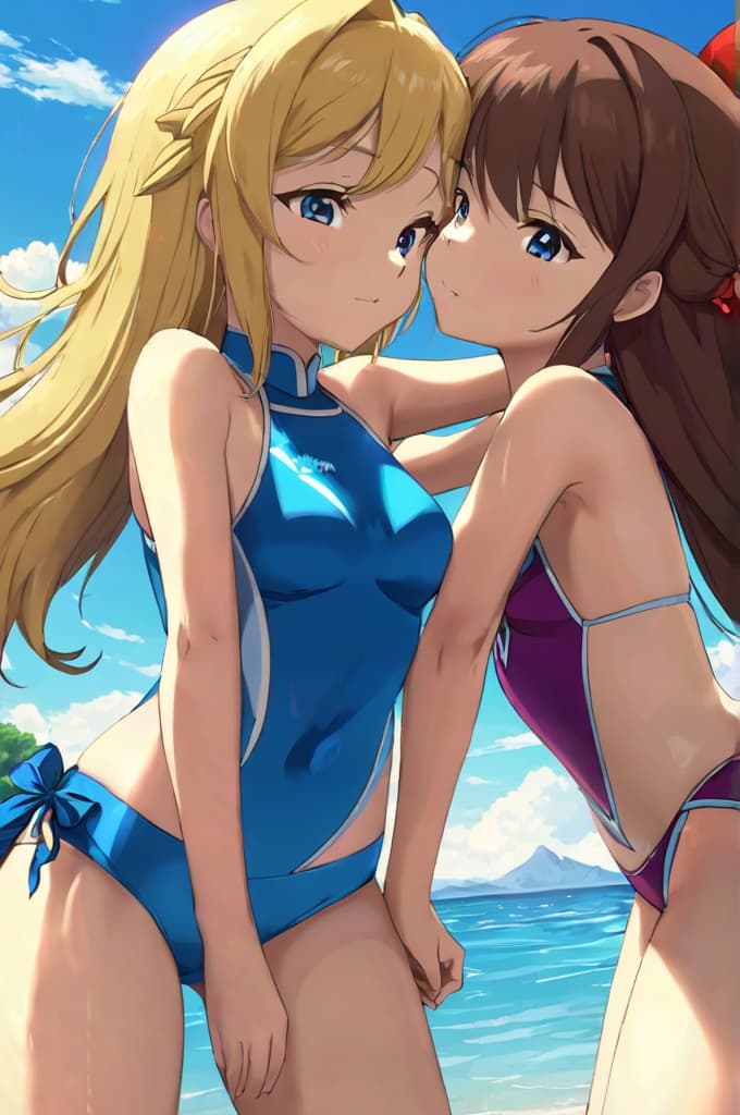  two asian girls with swimsuits on huggin each other and having a great time, (anime:1.2), hq, hightly detailed, 4k