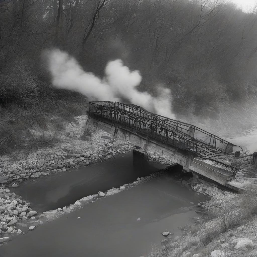  river, fog, blown up bridge, burnt tank.