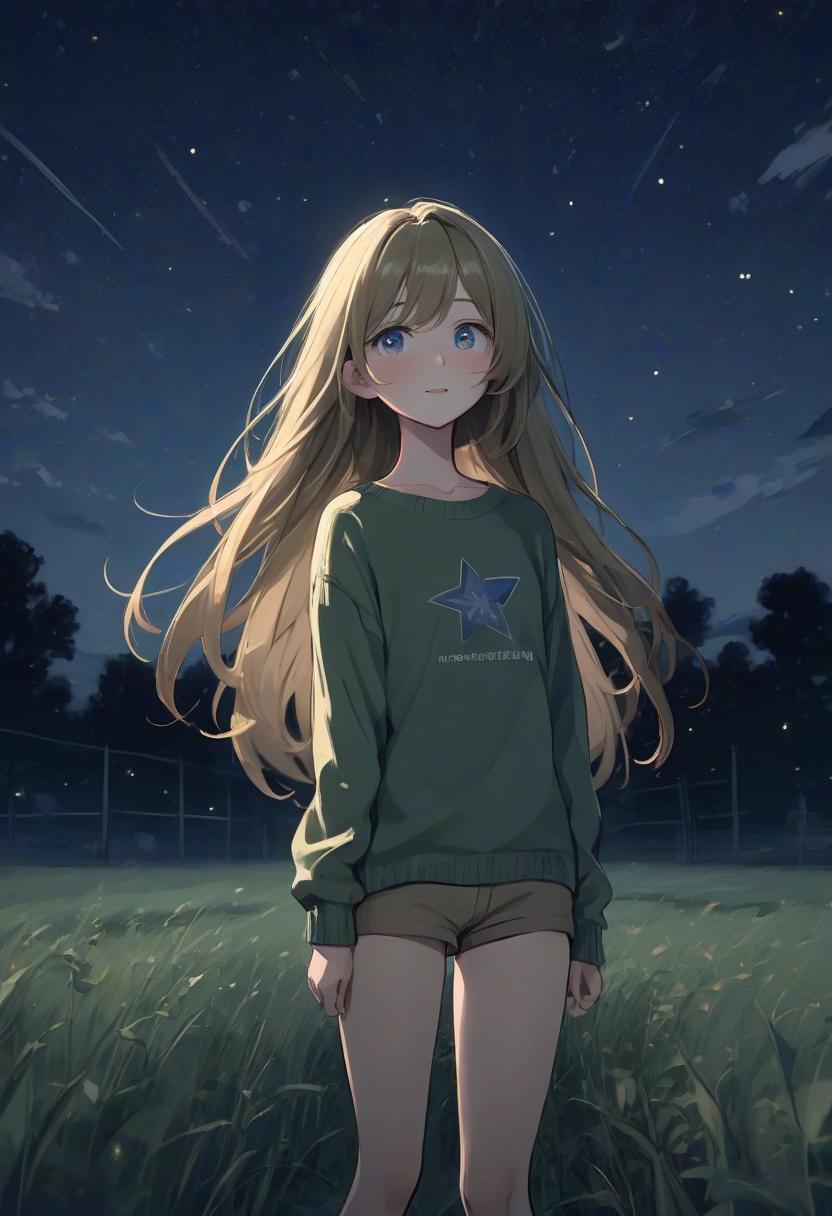  architectural style a girl in anime style with long hair stands in the middle of the field at night wearing a khaki sweater and pants. the girl looks at the starry sky at night, her eyes of a specific color are full of joy from the unknown and curiosity. her face is a little happy. she pulls her hand up towards the night sky. her knee high growth . clean lines, geometric shapes, minimalist, modern, architectural drawing, highly detailed