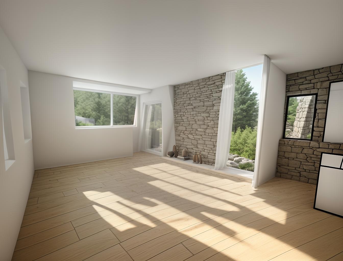  create a photorealistic image of a minimalist room with a stone wall and a large window. the stone wall should add texture and depth to the clean, modern design, while the window brings in natural light, enhancing the room's airy feel.