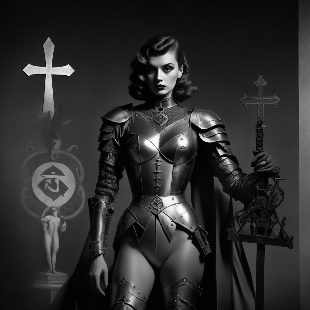  film noir style man in armor and symbols of card cross lady . monochrome, high contrast, dramatic shadows, 1940s style, mysterious, cinematic