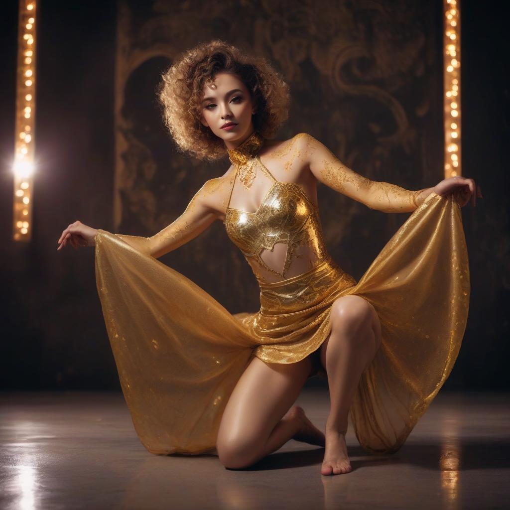  curly wiggly, cute male dancer, smoothly shaved, dressed in a beautiful gold outdoor women's costume for oriental dances and lies in a spectacular pose on a dirty concrete floor in a dark room, the young man is illuminated by neon lights