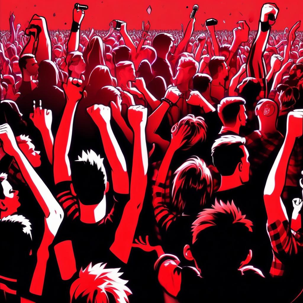  a view from a crowd of dancing fans at two young guys with microphones, a rock concert, everyone coming off, red spots, drums, music rocking, drive