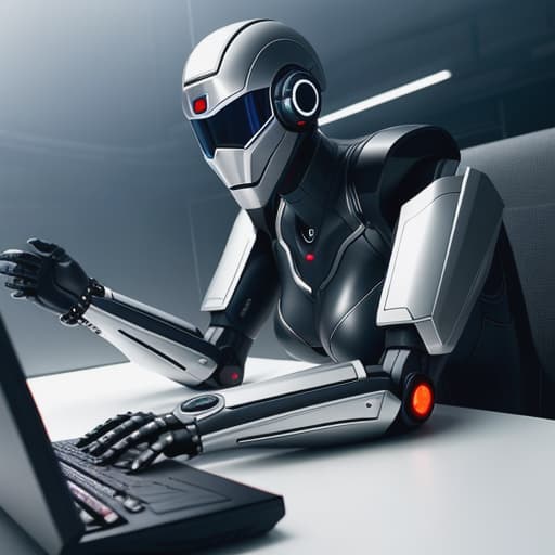  A futuristic robot hunched over a computer keyboard. Apply the Following Styles Synthesis hyperrealistic, full body, detailed clothing, highly detailed, cinematic lighting, stunningly beautiful, intricate, sharp focus, f/1. 8, 85mm, (centered image composition), (professionally color graded), ((bright soft diffused light)), volumetric fog, trending on instagram, trending on tumblr, HDR 4K, 8K