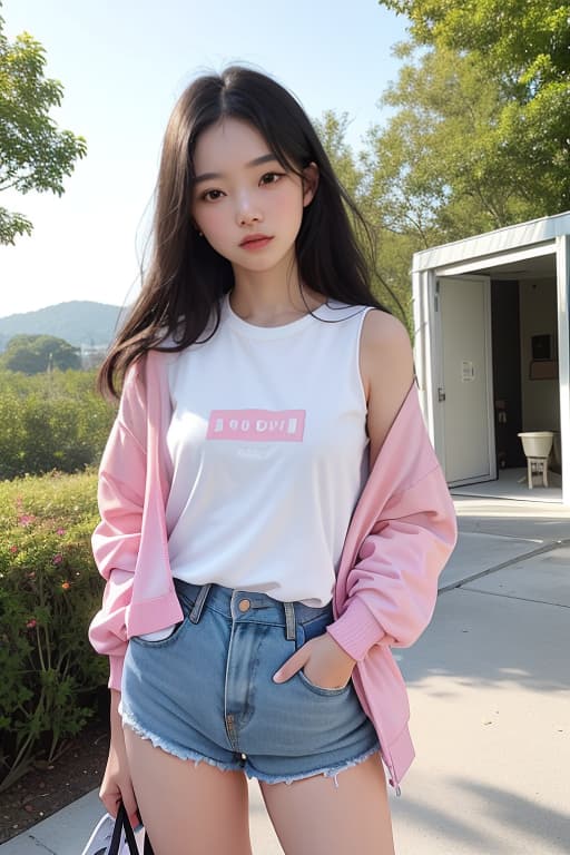  vibrant outdoor portrait of a young woman with fair skin and long, straight black hair. she is wearing a light pink, long sleeved jacket over a white t shirt, paired with high waisted light blue denim shorts. she carries a white backpack with black straps on her shoulder. the background features a modern architectural structure with white beams and lush green trees, some of which are illuminated with pink lights. the word \'wonder\' is prominently displayed at the bottom center of the image in a clean, white sans serif font, with additional smaller text below it., advertising photo,high quality, good proportion, masterpiece , the image is captured with an 8k camera