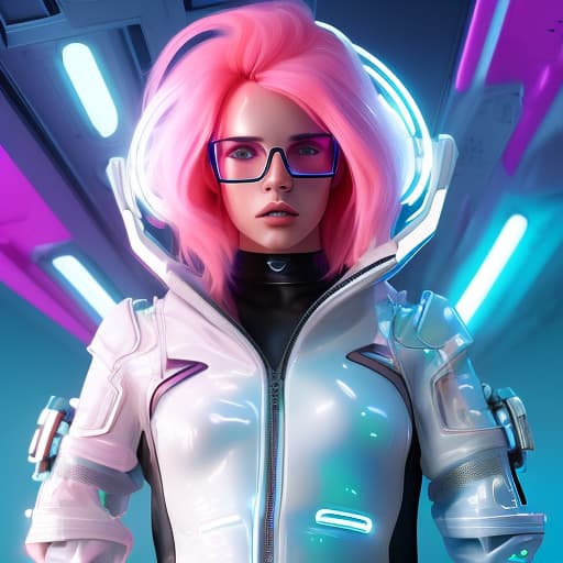  a futuristic female character with pink hair, wearing high tech glasses and neon jacket, white background, full body shot, futuristic fashion style, shiny/glossy, in a sci fi scene, futuristic design, metallic sheen, high resolution, digital art, hyper realistic details