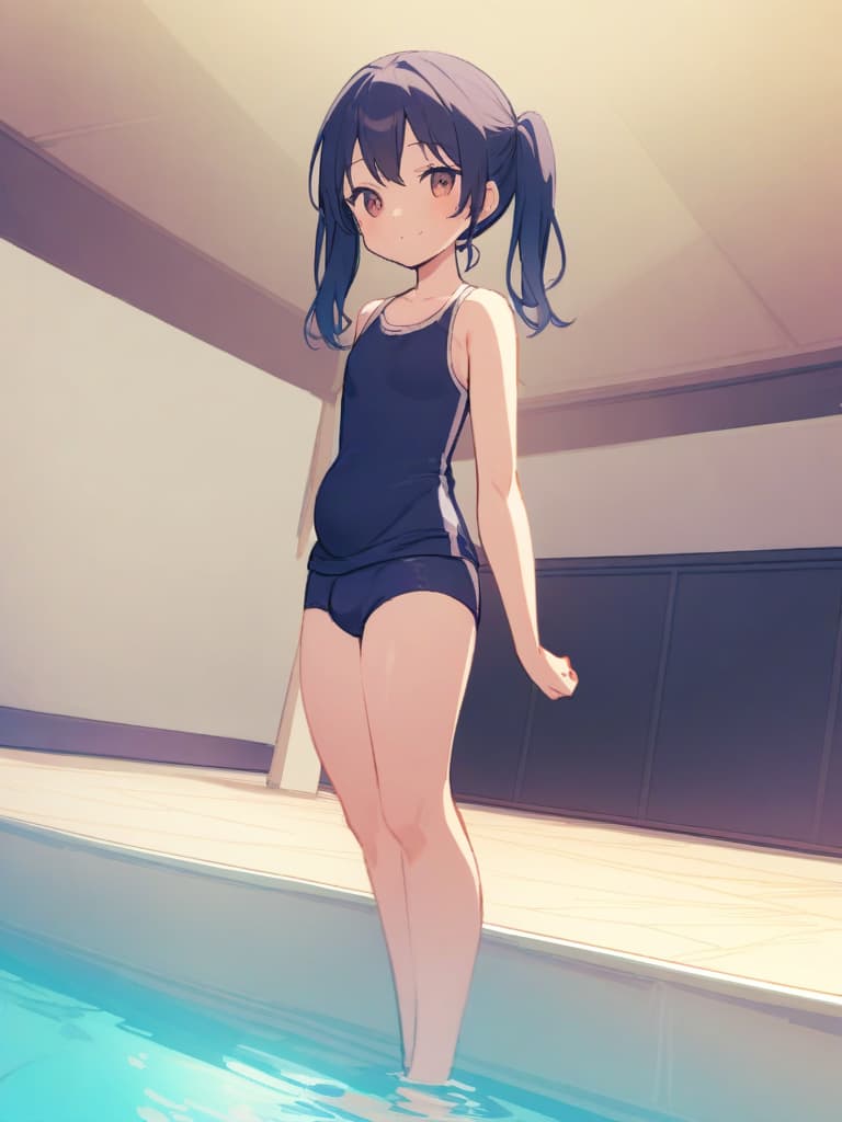  women's elementary students (male), twin tails, cute smiles, (rich s), low stature, dark blue swimwear, old swimwear, , simple, (upward), upward, (bulge), front, whole body, pool side ,,,