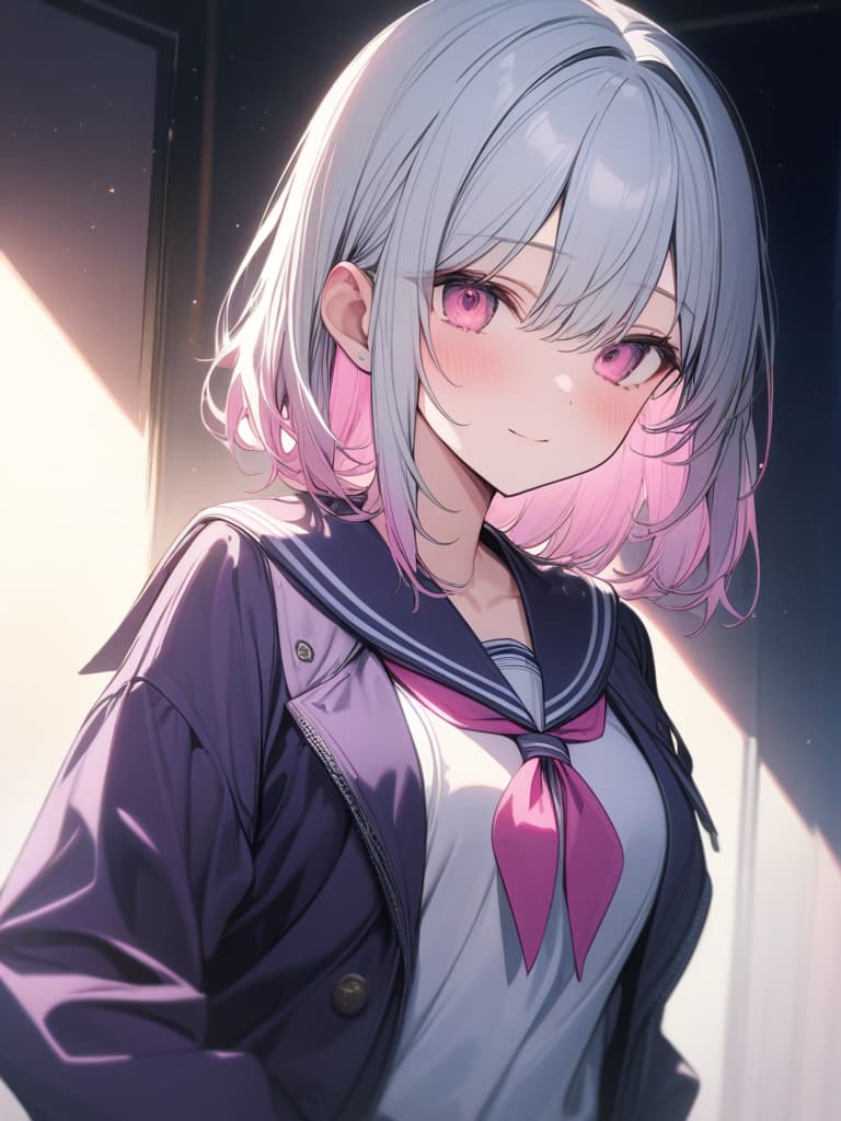  girls, white hair, pink, pink gradation hair color, cute face, purple sailor suit, pink eyes, medium hair, masterpiece, best quality,8k,ultra detailed,high resolution,an extremely delicate and beautiful,hyper detail