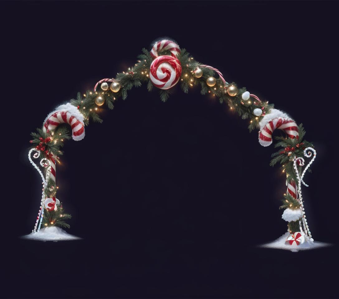  breathtaking an arch made up of candy canes and ornaments, christmas garland with decoration, pine needle and snow on it . award winning, professional, highly detailed, civitai