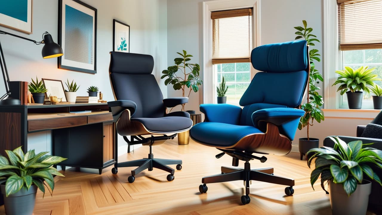  a serene home office featuring three distinct ergonomic chairs: a sleek black mesh chair, a plush grey recliner, and a vibrant blue task chair, surrounded by a wooden desk, plants, and soft natural light. hyperrealistic, full body, detailed clothing, highly detailed, cinematic lighting, stunningly beautiful, intricate, sharp focus, f/1. 8, 85mm, (centered image composition), (professionally color graded), ((bright soft diffused light)), volumetric fog, trending on instagram, trending on tumblr, HDR 4K, 8K