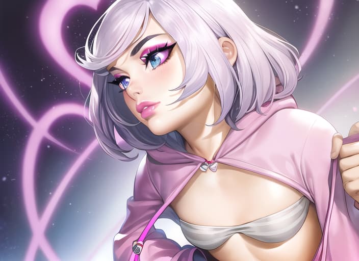  master piece , best quality,woman,young adult,slim,small face,big eyes,upturned eyes,double eyelids,long eyelashes,black eyeliner,pink eyeshadow,blue eyes,small nose,narrow nose,full lips,heart shaped lips,pink lip gloss,medium hair,pink mesh bangs,silver hair,pink dinosaur costume,pink hoodie,3d model style,back shot,full body,looking away from the camera,clenched fists