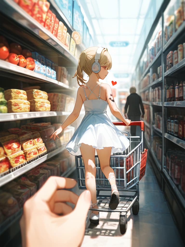  with tomatoes, shopping carts, blonde ponytails, white headphones, pressing gestures, snake tattoos on legs, whole body, walking figure, heart tattoo on arms, white dress dresses, shopping carts, masterpiece, best quality,8k,ultra detailed,high resolution,an extremely delicate and beautiful,hyper detail