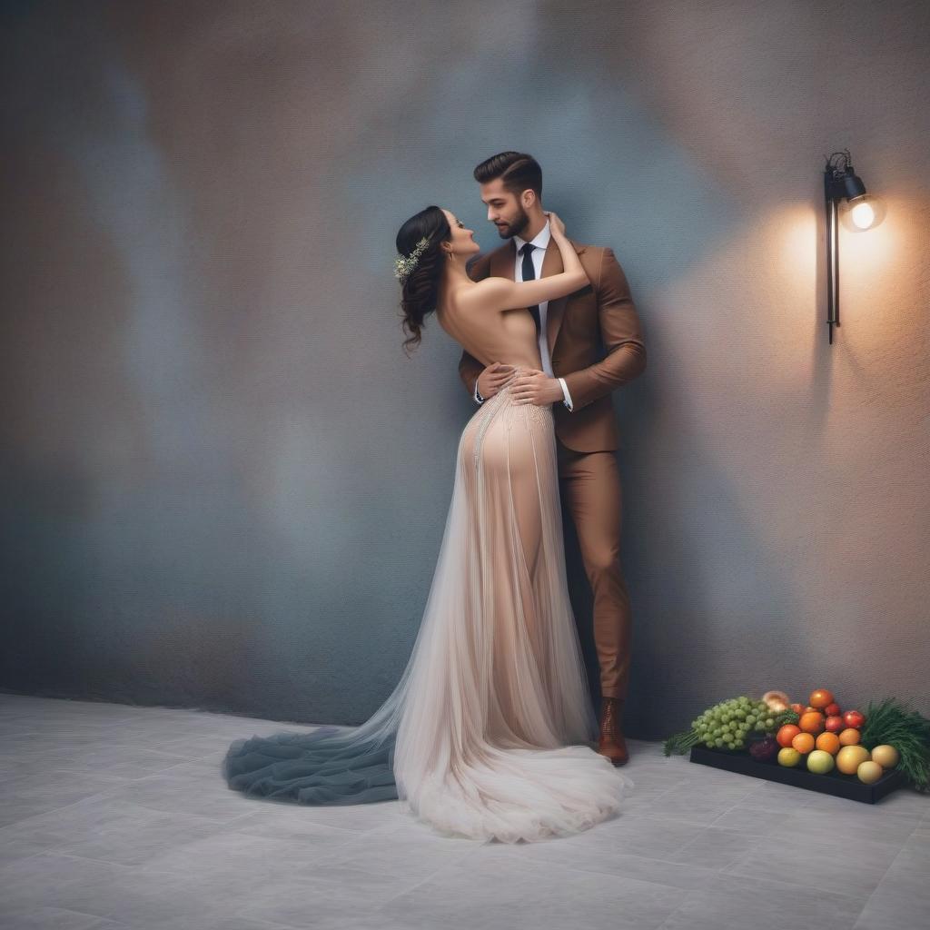  A naked man hugged a naked woman Both have Jewish faces There are fruits and vegetables on the table The wedding night hyperrealistic, full body, detailed clothing, highly detailed, cinematic lighting, stunningly beautiful, intricate, sharp focus, f/1. 8, 85mm, (centered image composition), (professionally color graded), ((bright soft diffused light)), volumetric fog, trending on instagram, trending on tumblr, HDR 4K, 8K