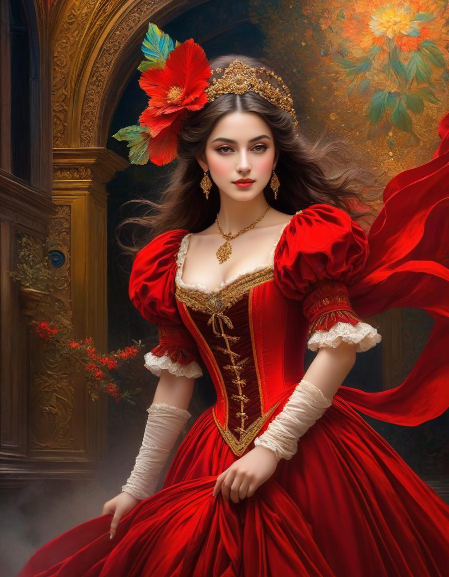  (oil painting: 1.5, masterpiece: 1.7, digital art: 1.4).painting, ((man and woman dancing at a ball dressed in renaissance style: 1.5), (venetian masquerade mask on the face of the woman and the man: 1.6)) (woman in red velvet dress with embroidery). style: dark fantasy, surrealism, atmosphere full of mystery, magic and mysticism. in the manner of claude monet, van gogh, sabbas aptheros, alfonso mucha, carol buck, andrew jones, yutaka kagai, fragonard. high detail. high quality 16k, hdr