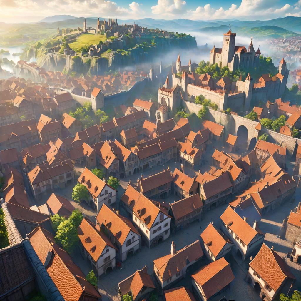  anime artwork landscape. view of the medieval city from a bird's eye view . anime style, key visual, vibrant, studio anime, highly detailed, hkmagic hyperrealistic, full body, detailed clothing, highly detailed, cinematic lighting, stunningly beautiful, intricate, sharp focus, f/1. 8, 85mm, (centered image composition), (professionally color graded), ((bright soft diffused light)), volumetric fog, trending on instagram, trending on tumblr, HDR 4K, 8K