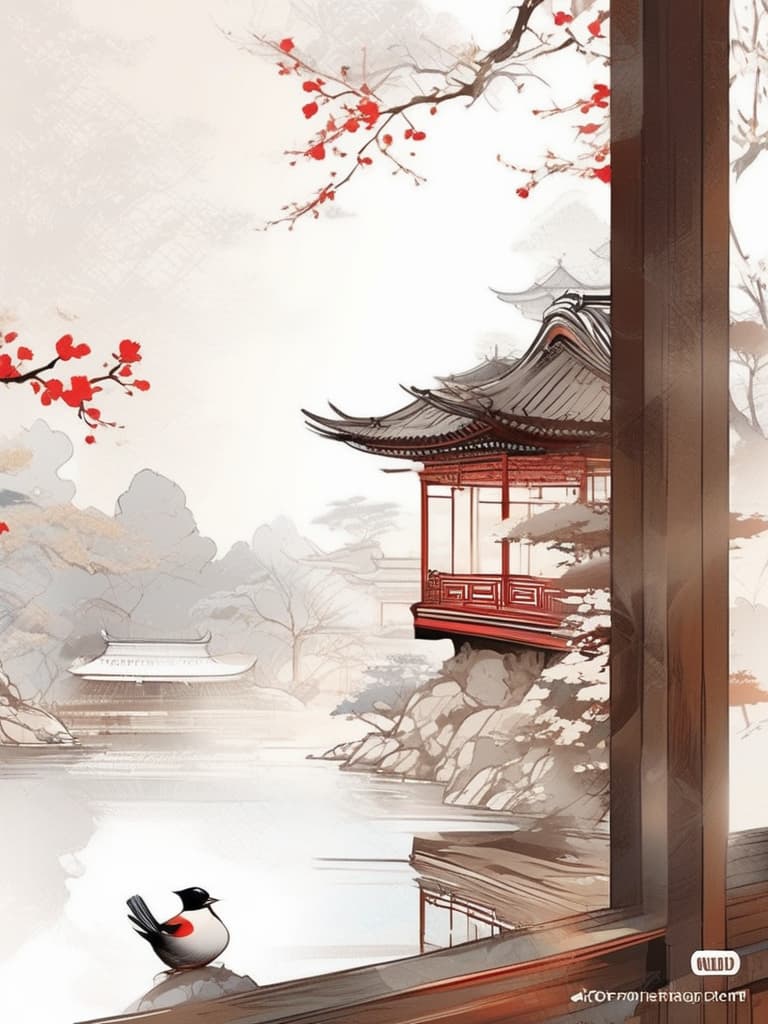  line art drawing chinese style architecture, courtyard, trees, red flowers, bird, pond, rhythmic atmosphere, dreamy texture, soft colors. art style: chinese traditional, nature inspired. inspirations: chinese paintings, traditional architecture. camera: medium shot, wide angle lens. lighting: soft natural light, warm tones. 4k, detailed, chinese architecture, serene, tranquil, ethereal, harmonious atmosphere, traditional elements.. professional, sleek, modern, minimalist, graphic, line art, vector graphics