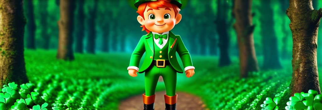  cinematic film style, st. patrick's day. a little cartoon leprechaun with red hair in a green suit and a green hat stands on a forest path surrounded by shamrocks. design for postcards, flyers ar 3:1, shallow depth of field, vignette, maximum details, high budget hollywood movie, bokeh, cinemascope, moody, epic, gorgeous, sun rays and shadows on furniture and surfaces, flattering light, raw photo, photography, photorealistic, 8k resolution, f1.4, sharpened focus, sharp focus