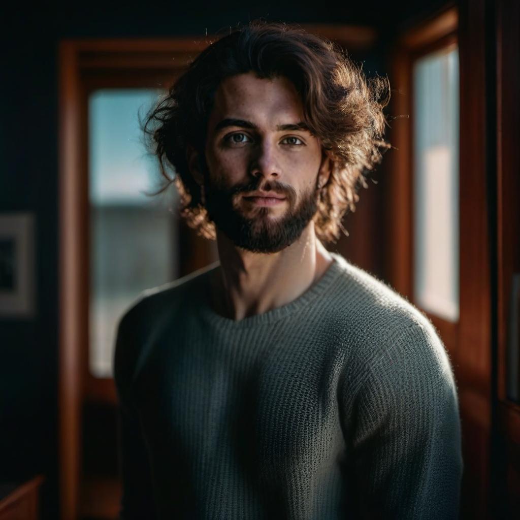  cinematic photo a handsome young man like jan yaman, he has dark hair. he's in the bright room at home in the sweater. he has broad shoulders. the hair is collected in the back . 35mm photograph, film, bokeh, professional, 4k, highly detailed, film photography style hyperrealistic, full body, detailed clothing, highly detailed, cinematic lighting, stunningly beautiful, intricate, sharp focus, f/1. 8, 85mm, (centered image composition), (professionally color graded), ((bright soft diffused light)), volumetric fog, trending on instagram, trending on tumblr, HDR 4K, 8K