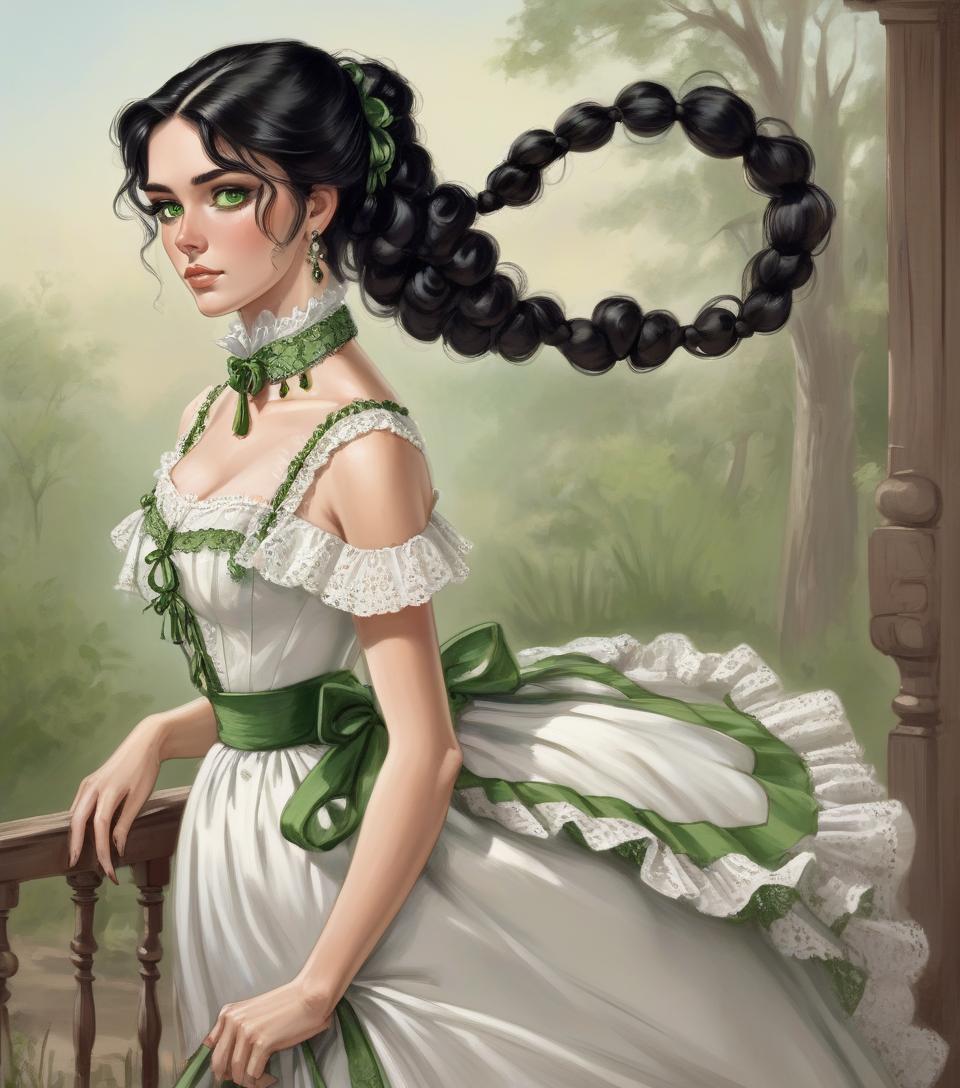  1875, southern lady, black hair, green eyes, feminine dress, wild west, wears her hair tied up, white victorian dress