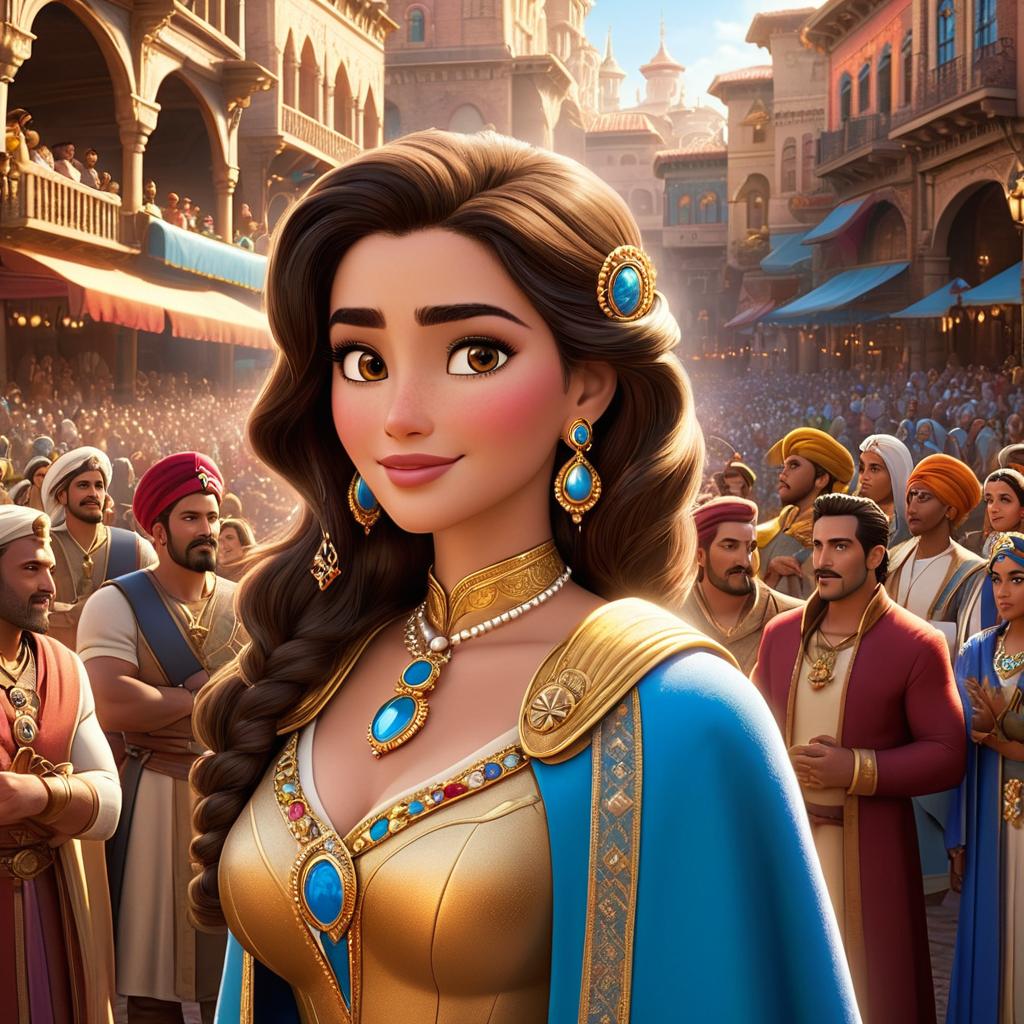  in 3d animated movie style. disney pixar style. laila, a ve and intelligent old in regal attire with pearls and gemstones, addresses a crowd featuring captain rami in armor, advisor azura in advisor robes, and king adnan in royal attire. the market square bustles with colorful stalls and villagers, gathered around a stage where laila confidently stands. high resolution pixar 3d animated style captures vint colors and textures, with vint market colors contrasting warm royal tones. soft golden sunlight adds majesty and warmth. mid shot from a slightly elevated angle frames laila as the focal point, with captain rami, advisor azura, and king adnan supporting her, promoting unity.