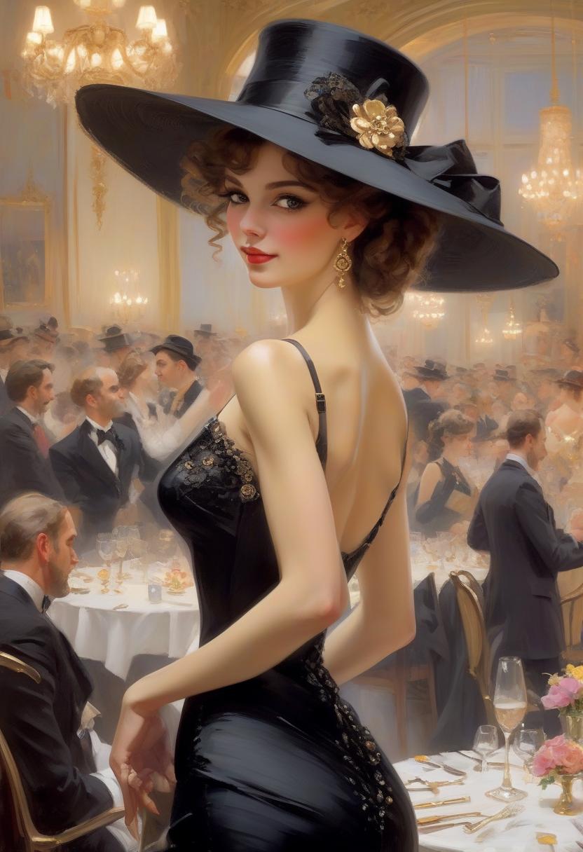  an elegant woman in a black dress and hat at a posh gathering. charming cabaret dancer, black outfit art by konstantin razumov,shabby chic,,fine art,klimt and mucha, art by serge marshennikov keep face the same, just increase image size