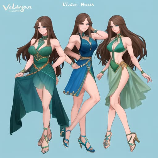  Vladislava Galagan woman with green eyes with muscular body in blue dress with sandals and with muscular legs and long brown hair and smiling