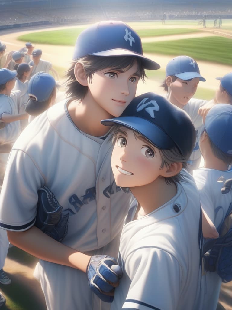  baseball boy, the sky is sunny, two people are crossing their shoulders, masterpiece, best quality,8k,ultra detailed,high resolution,an extremely delicate and beautiful,hyper detail