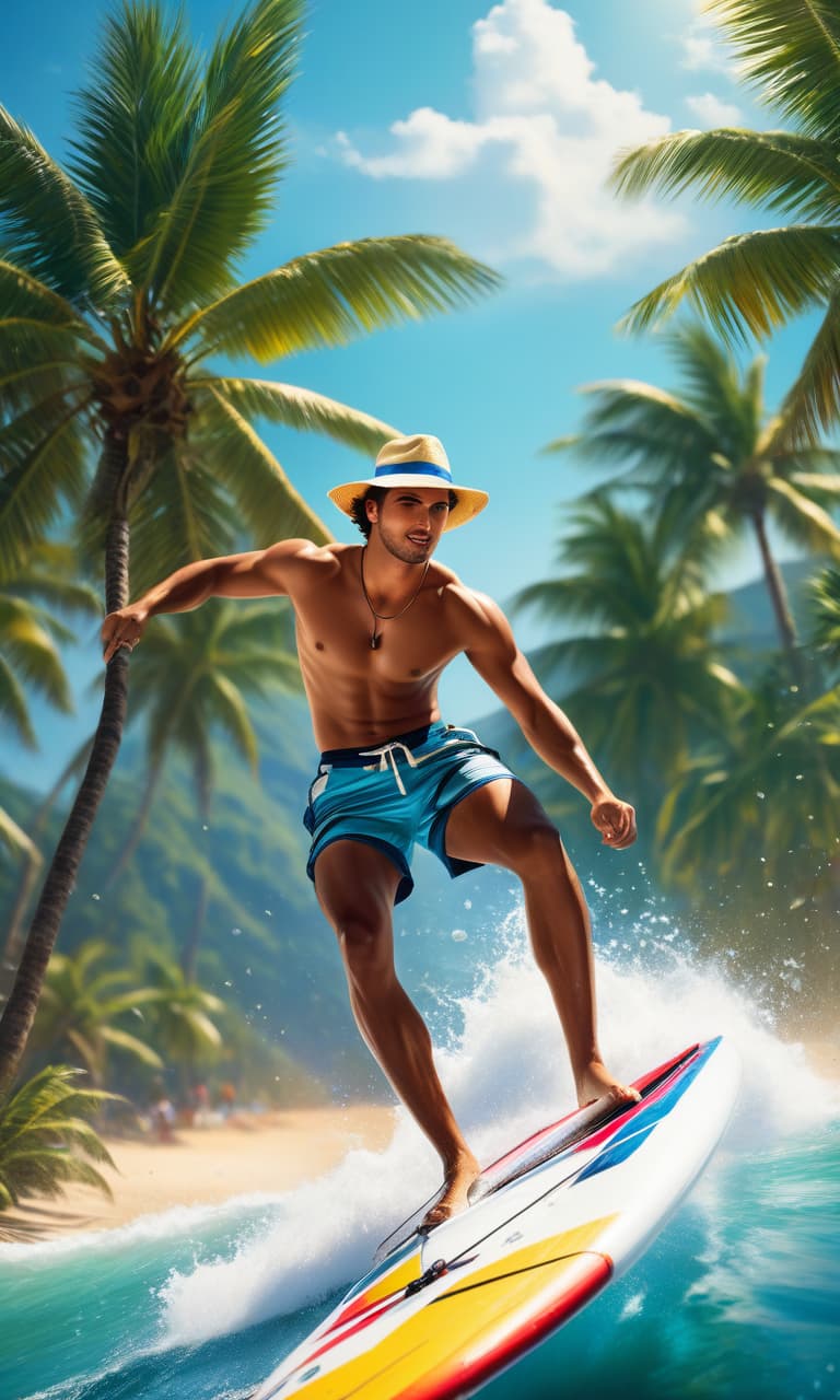  cinematic film still (digital art: 1.2. high quality: 1.5. masterpiece: 1.6. hot summer. super cute (guy in shorts, hat (panama: 1.2), rolling into the sea on a windsurfing board, joy, happiness, delight. sea, water splashes, lots of splashes. close up: shore, palm trees. masterpiece, extremely detailed, complex composition, fan art, wide angle, shine, colorful painting, rich color, hdr, 16k, digital illustration. many details, high quality. (ultra detail: 1.3), ((beautiful hands, perfect hands)). . shallow depth of field, vignette, highly detailed, high budget, bokeh, cinemascope, moody, epic, gorgeous, film grain, grainy