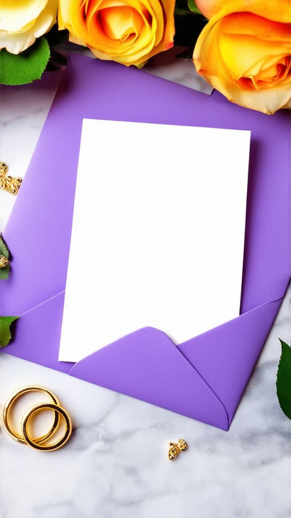  violet envelope with blank paper card, golden rings, roses flowers on marble background. wedding stationery set, top view. ar 9:16 {prompt}, maximum details