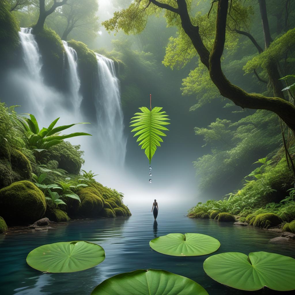  A single drop of water tumbling from a leaf, joining a babbling brook with playful fish, merging into a lake with dancing ripples, journeying through vast ocean depths, and ascending as mist back into the sky. The image captures the drop's joyful and adventurous cycle. hyperrealistic, full body, detailed clothing, highly detailed, cinematic lighting, stunningly beautiful, intricate, sharp focus, f/1. 8, 85mm, (centered image composition), (professionally color graded), ((bright soft diffused light)), volumetric fog, trending on instagram, trending on tumblr, HDR 4K, 8K