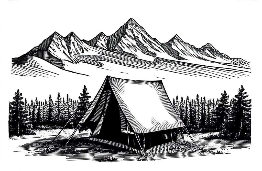  contour, very simple image in one unbroken black ink line, single line of camping tent, mountain peaks in background, engraving illustration ar 3:2 using a single continuous black line ink brushon white background, drawing should be created without lifting the pen, recognizable features of camping tent, mountain peaks in background, engraving illustration ar 3:2 in one unbroken line