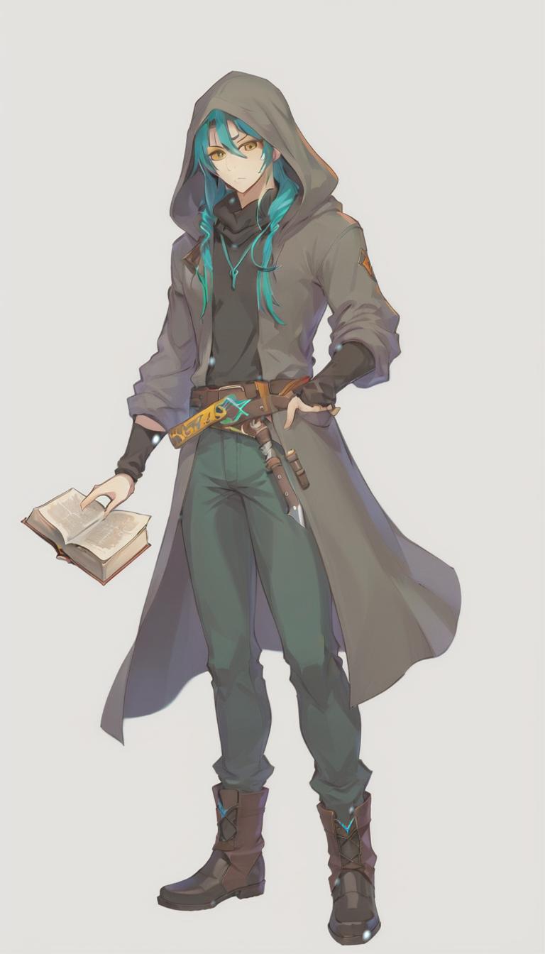  anime artwork a concept art for visual novel game, handsome male, rogue from d&d, dynamic pose, full body, wearing: dark coat with hoodie, tight t shirt, baggy pants, black boots, on the belt have a hunting knife; holding a wizard book in right hand; appearance: light skin, black teal long hair in the ponytail, stumble on the chin, yellow eyes, anime style, very detailed, high quality. . anime style, key visual, vibrant, studio anime, highly detailed, hkmagic