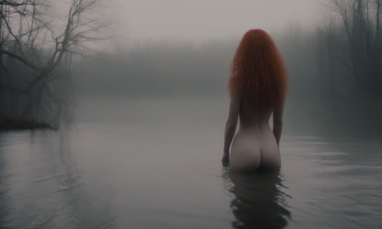  horror themed a naked woman walks into a lake. view of a woman from the back, she has curly red hair, and a beautiful figure lake in fog, with dense forest in the background . eerie, unsettling, dark, spooky, suspenseful, grim, highly detailed