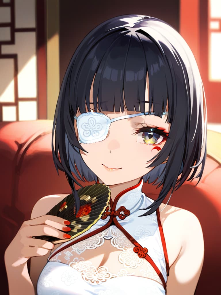  ultra detailed:1.2,masterpiece:1.2,best quality,masterpiece,bestquality,hdr:1.1,8k:1.1,very cute girl:1.3,(black hair,bob cut,long hair,blunt bangs:1.4),((white china dress,japonica pattern:1.5)),(chinaese makeup:1.6),((redrose object eyepatch:1.6))(seductive smile:1.3),(sitting couch:1.3)((cross legs:1.3)),(head rest:1.3),(holding open handfan:1.7)(upper body,face focus:1.4)