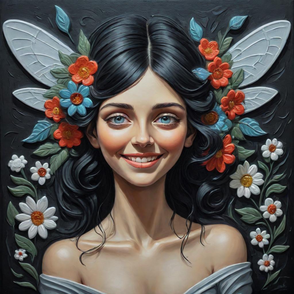  surrealist art oil painting. rough relief image . relief canvas. in the style of a fly, modern, a young smiling slavic woman with a dark hairstyle decorated with flowers. . dreamlike, mysterious, provocative, symbolic, intricate, detailed