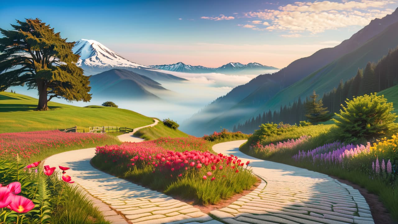  a serene landscape featuring a winding path leading towards distant mountains, dotted with signposts labeled with various goals, surrounded by vibrant greenery and blooming flowers, symbolizing clarity, direction, and personal growth. hyperrealistic, full body, detailed clothing, highly detailed, cinematic lighting, stunningly beautiful, intricate, sharp focus, f/1. 8, 85mm, (centered image composition), (professionally color graded), ((bright soft diffused light)), volumetric fog, trending on instagram, trending on tumblr, HDR 4K, 8K