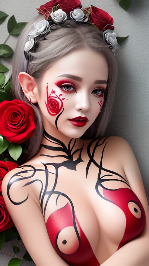  Body paint with red roses and vines in every corner of the whole body, face paint with roses on the face, silver body paint on the whole body, elf, full body image 女性