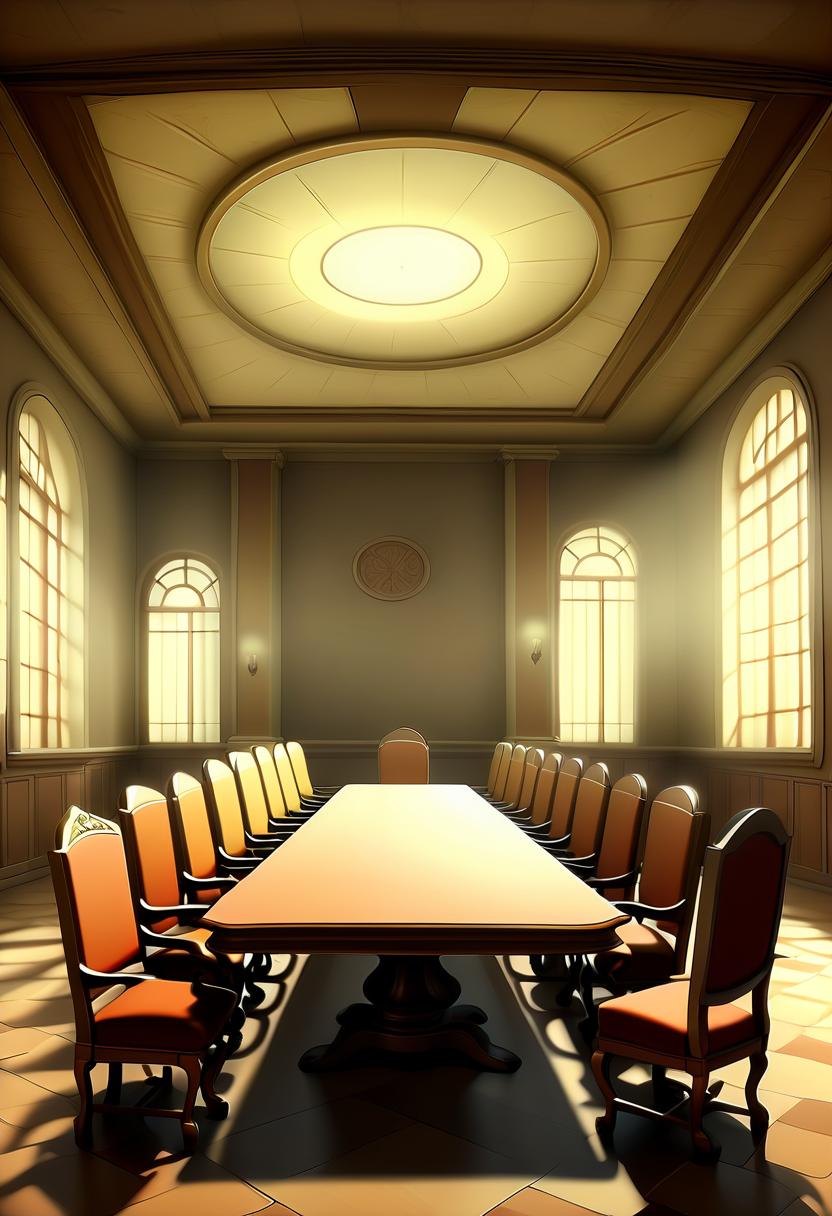  renaissance style a meeting room with empty seats (cel shading, vintage anime:1.25) . realistic, perspective, light and shadow, religious or mythological themes, highly detailed