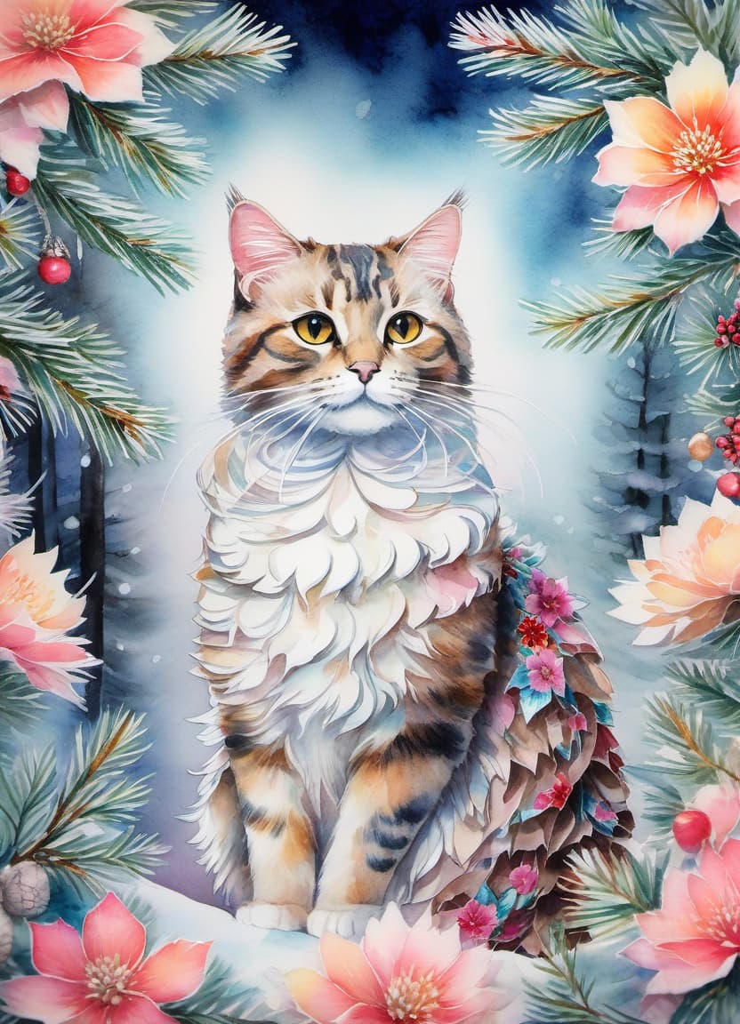  fairy tale christmas trees with cones, a beautiful scottish cat in a kimono, (double exposure: 1.4). (soft textured paper). alcohol ink of (bright) flowers. the incompleteness effect. tenderness of watercolors, winter, delicate colors. thin white lines. emotion. light relief pattern. . magical, fantastical, enchanting, storybook style, highly detailed