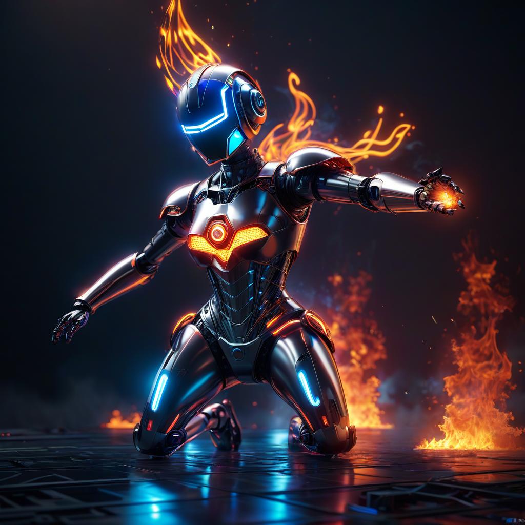  cybernetic robot a ballerina robot dances in a flame of liquid glass. . android, ai, machine, metal, wires, tech, futuristic, highly detailed, glowneon, civitai