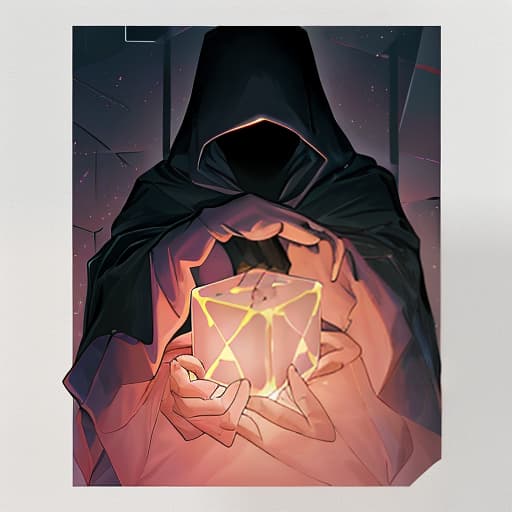  A hooded figure with no face visible stretches out his arms. A playing cube (d10) is frozen between them and glows with magical light. The head is tilted down, looking at the cube. One hand on top of the other on the bottom of the cube, as if holding it in the air. The style is mysterious., Digital art, glow effects, Hand drawn, render, 8k, octane render, cinema 4d, blender, dark, atmospheric 4k ultra detailed, cinematic sensual, Sharp focus, humorous illustration, big depth of field, Masterpiece, colors, 3d octane render, 4k, concept art, trending on artstation, hyperrealistic, Vivid colors, modelshoot style, (extremely detailed CG unity 8k wallpaper), professional majestic oil painting by Ed Blinkey, Atey Ghailan, Studio Ghibli, by Jeremy hyperrealistic, full body, detailed clothing, highly detailed, cinematic lighting, stunningly beautiful, intricate, sharp focus, f/1. 8, 85mm, (centered image composition), (professionally color graded), ((bright soft diffused light)), volumetric fog, trending on instagram, trending on tumblr, HDR 4K, 8K