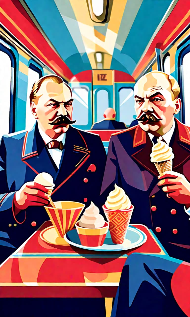  art deco style stalin and vladimir ilyich lenin in costumes of the early 20th century eat ice cream on the train. . geometric shapes, bold colors, luxurious, elegant, decorative, symmetrical, ornate, detailed