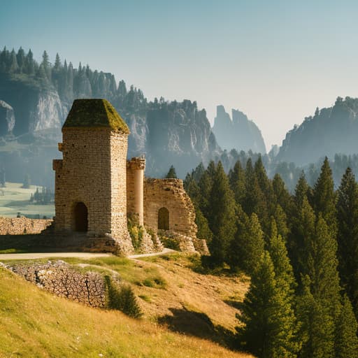 analog style depict an ancient fortress with weathered stone walls, a towering keep, and surrounding wilderness in a dramatic manner in high resolution. hyperrealistic, full body, detailed clothing, highly detailed, cinematic lighting, stunningly beautiful, intricate, sharp focus, f/1. 8, 85mm, (centered image composition), (professionally color graded), ((bright soft diffused light)), volumetric fog, trending on instagram, trending on tumblr, HDR 4K, 8K