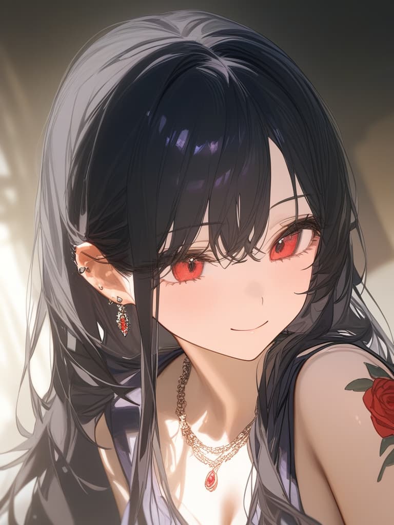  long hair, black hair, hair tips are pink, red eyes, hanging eyes, bangs lengths, smiles, adults, adult faces, piercings, necklaces, hair are light pink, black, thin makeup, arms. contains a red rose tattoo, a rose tattoo on the arm, a hidden eye, masterpiece, best quality,8k,ultra detailed,high resolution,an extremely delicate and beautiful,hyper detail