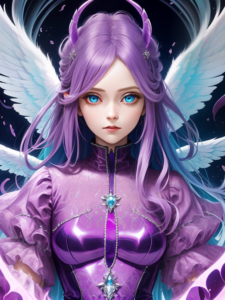  purple pink hairstyle, angel and devil wings, big eyes, aqua blue eyes, masterpiece, best quality,8k,ultra detailed,high resolution,an extremely delicate and beautiful,hyper detail