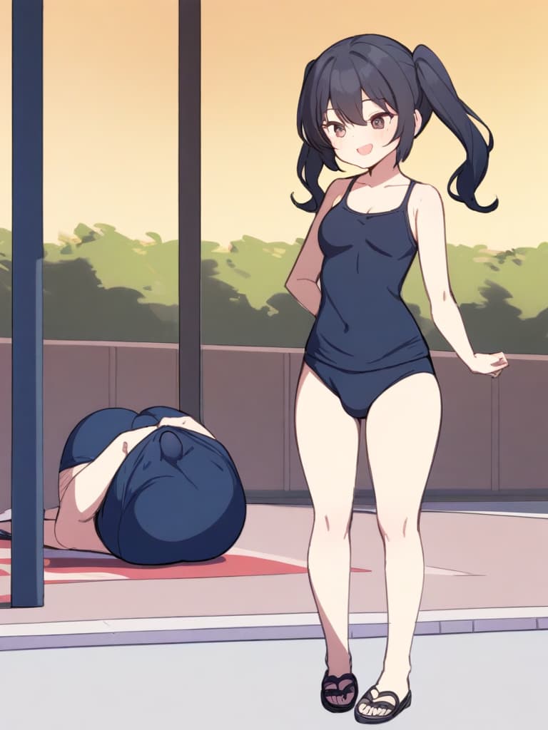  women's elementary students (male), twin tails, cute smiles, (rich s), short stature, dark blue swimwear, old swimwear, swimwear, simple, (bulging), upward, (bulge), front, whole body, pool side, pool side. ,,,