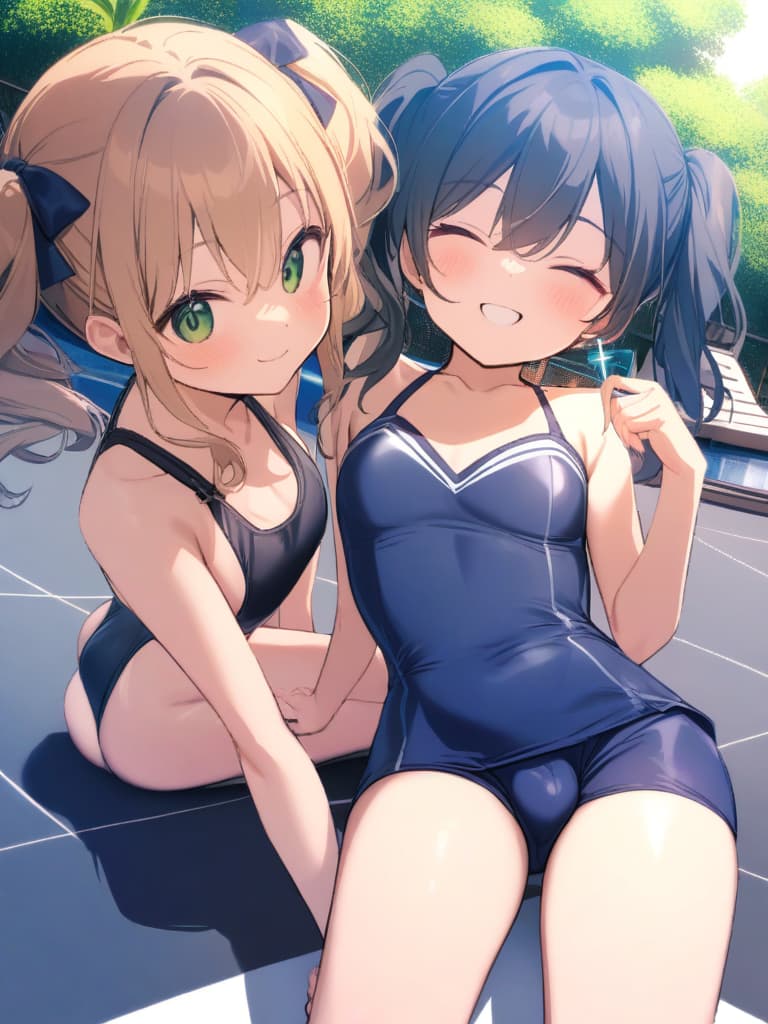  women's elementary students, twin tails, rich smiles, cute smiles, navy blue swimwear, old swimwear, swimwear, simple, male, shaped clear , shaped clear, clear stem, shaped crisp, male bulge,, front. the whole body, pool side,